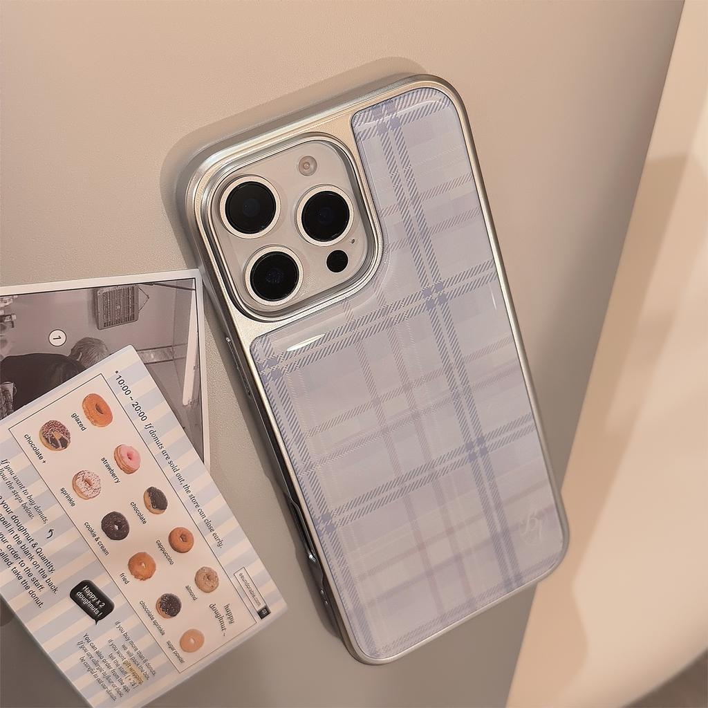 Phone Case for iPhone 17 16e 16 15 14 13 12 11 Pro Max X XR XSMAX 8 7 Air Plus Luxury Clear Blue Grid Pattern Drop Glue Silver