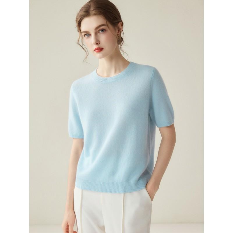 2026 Fall Winter Silk Cashmere Short Sleeve Sweater Women Crew Neck Solid Color Knit Top Commuter Thin