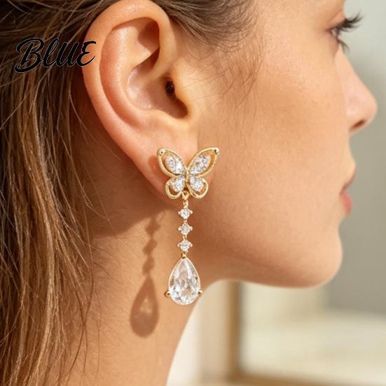 Drapey Face Contouring Earrings 1 Pair Butterfly Drop for Women Inlay Teardrop Zirconia Earrings Fashion Round Sparkly Rhinestone Dangle Jewelry