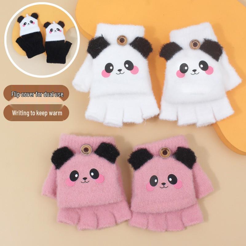 Kids' Cute Panda Flip-Top Fingerless Wool Gloves for Winter