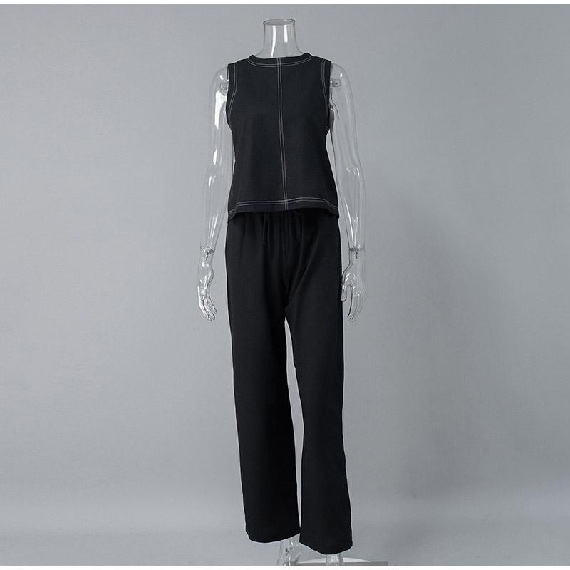 

Комплект из хлопкового льна и брюк, женский однотонный широкий длинный костюм без рукавов, повседневный костюм, весна-лето 2025, новые комплекты брюк L чёрный