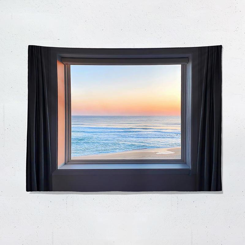 Oceanview window backdrop fabric digitalprinted polyester tapestries living rooms bedrooms macrame wall hanging room decor
