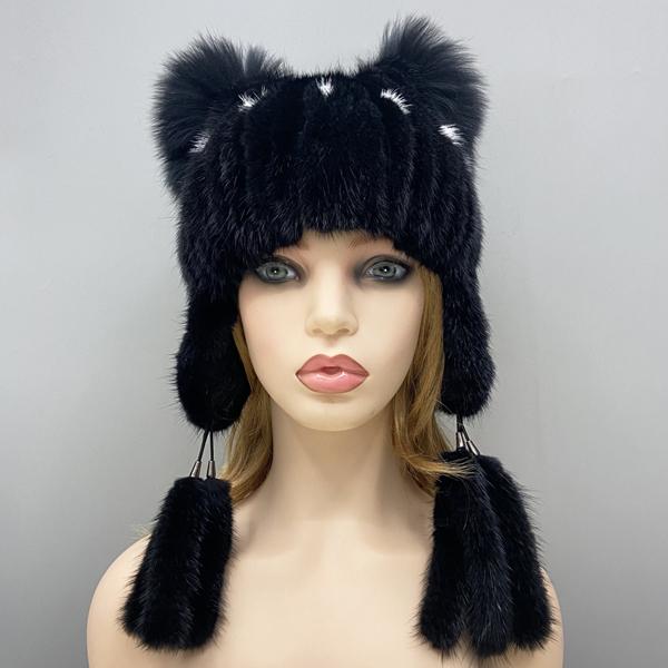 

Женская шапка-ушанка-бомбер из вязаного натурального меха норки с хвостами One Size чёрный
