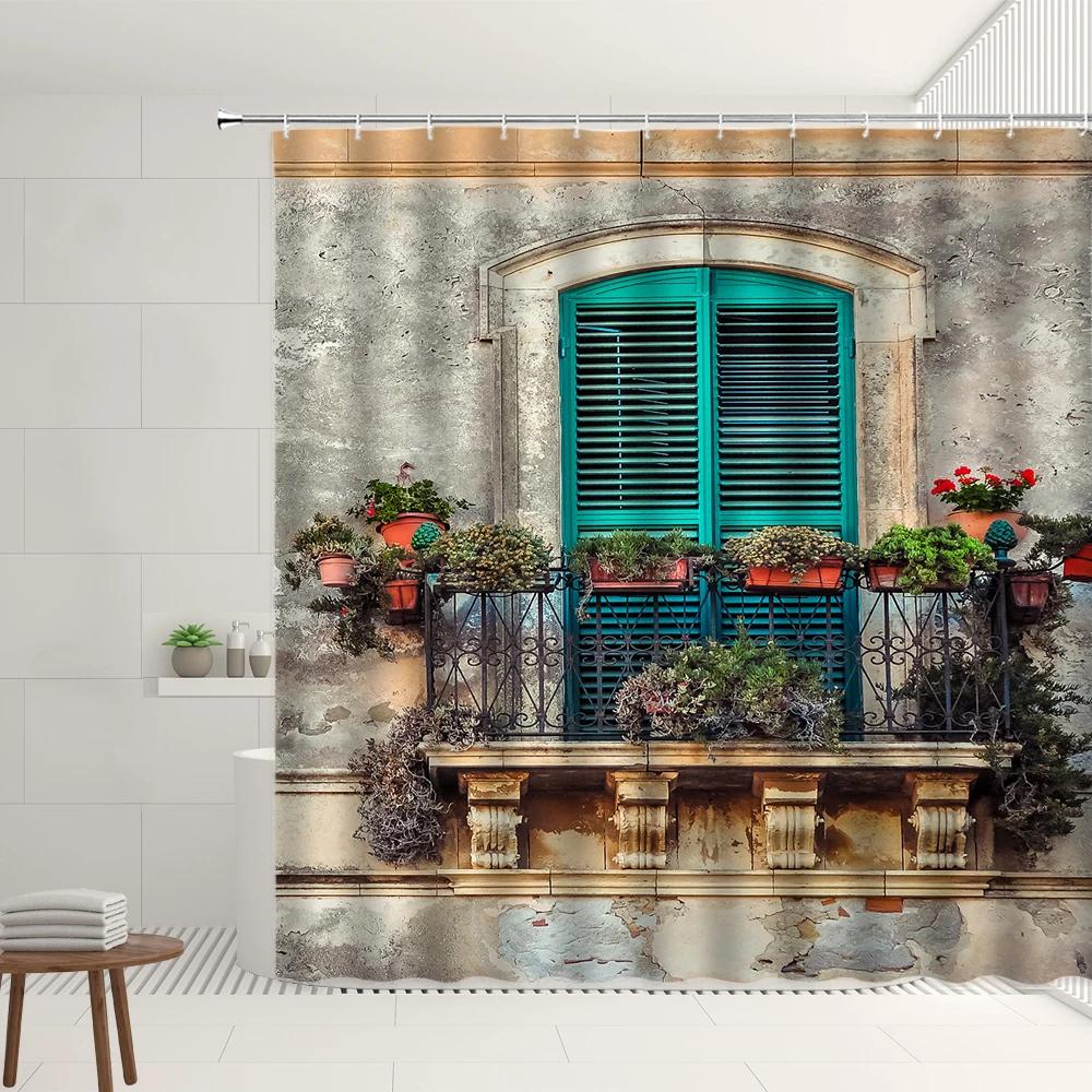 

Retro Vintage Flower Windows Shower Curtain Sets Blue Green Wooden Blinds European Style Bathroom Bathtub Decor Hanging Curtains W90XH180cm