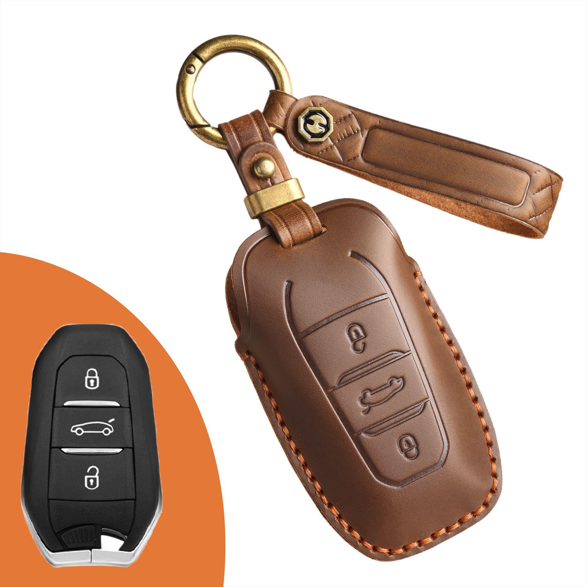 

Retro key cover is suitable for Dongfeng Peugeot 5008 key cover Citroen car leather key bag case ring. коричневый