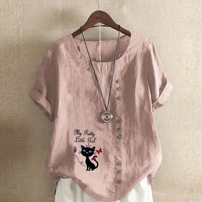 Dame Mote Svart Katt Trykket Kort Ermet T-skjorte Løs Bomullsskjorte Casual Løs Sommerbluse Topper Pluss Størrelse