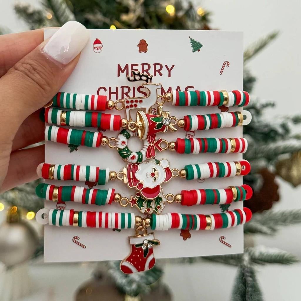 Ingemark Set da 6 Pezzi Albero di Natale Babbo Natale Stivali Braccialetto Moda Carino Braccialetti in Argilla Polimerica Gioielli per Feste di Capodanno
