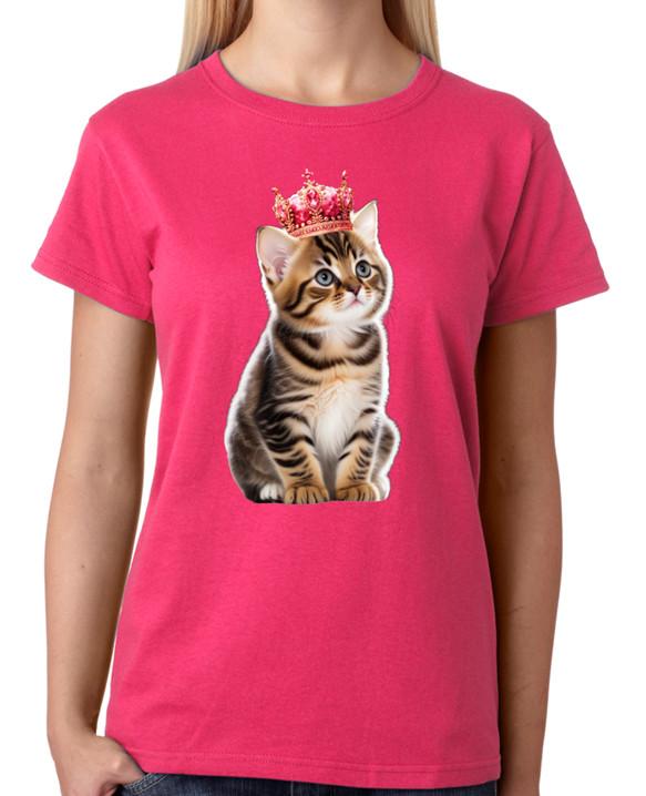 Cute Kitten Princess T-Shirt Queen Cat Wearing A Crown Tee Ladies Womens Top S