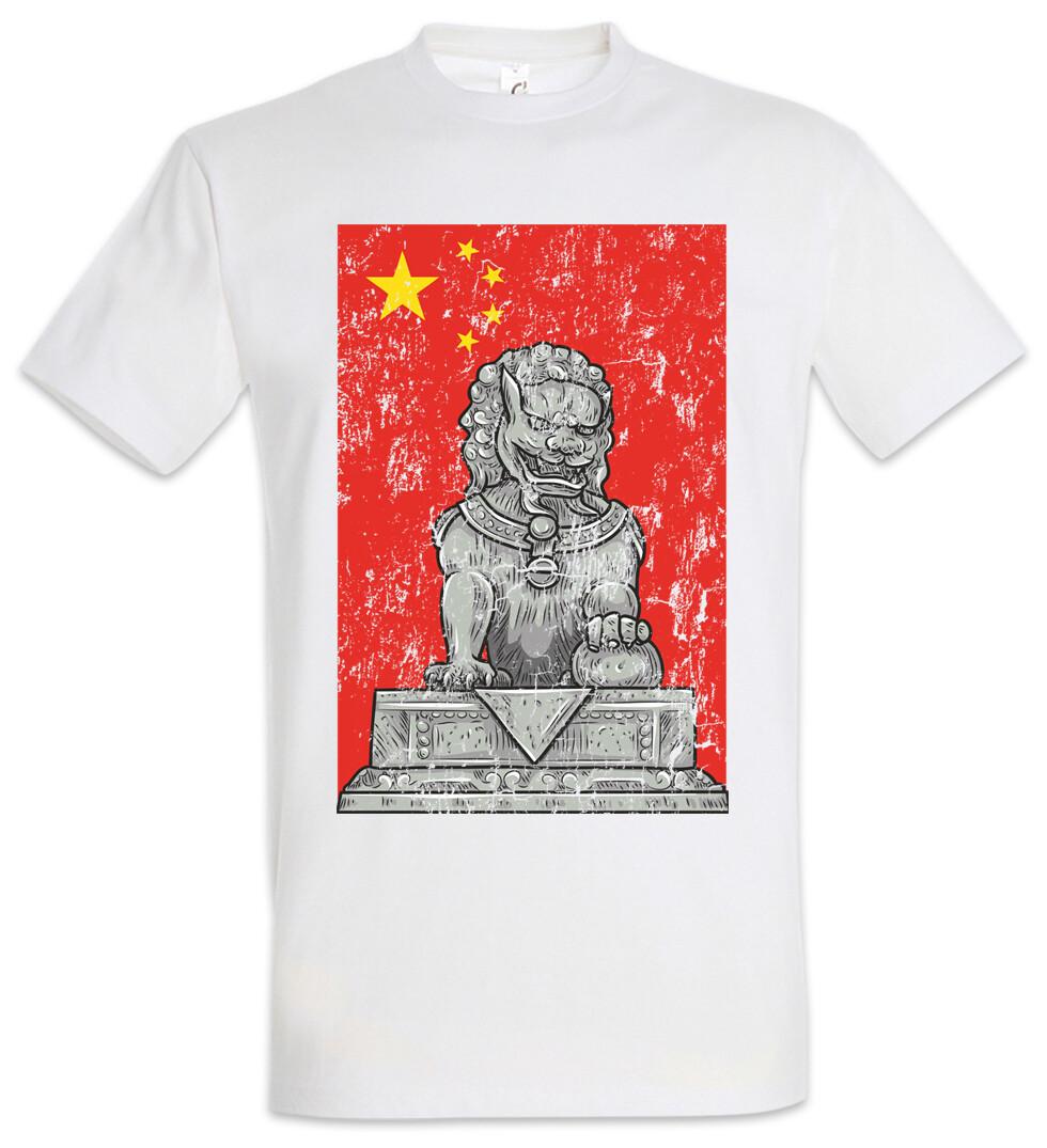 Chinese Lion Statue And Flag T-Shirt China Asia Flag Banner Dragon Dragons- M