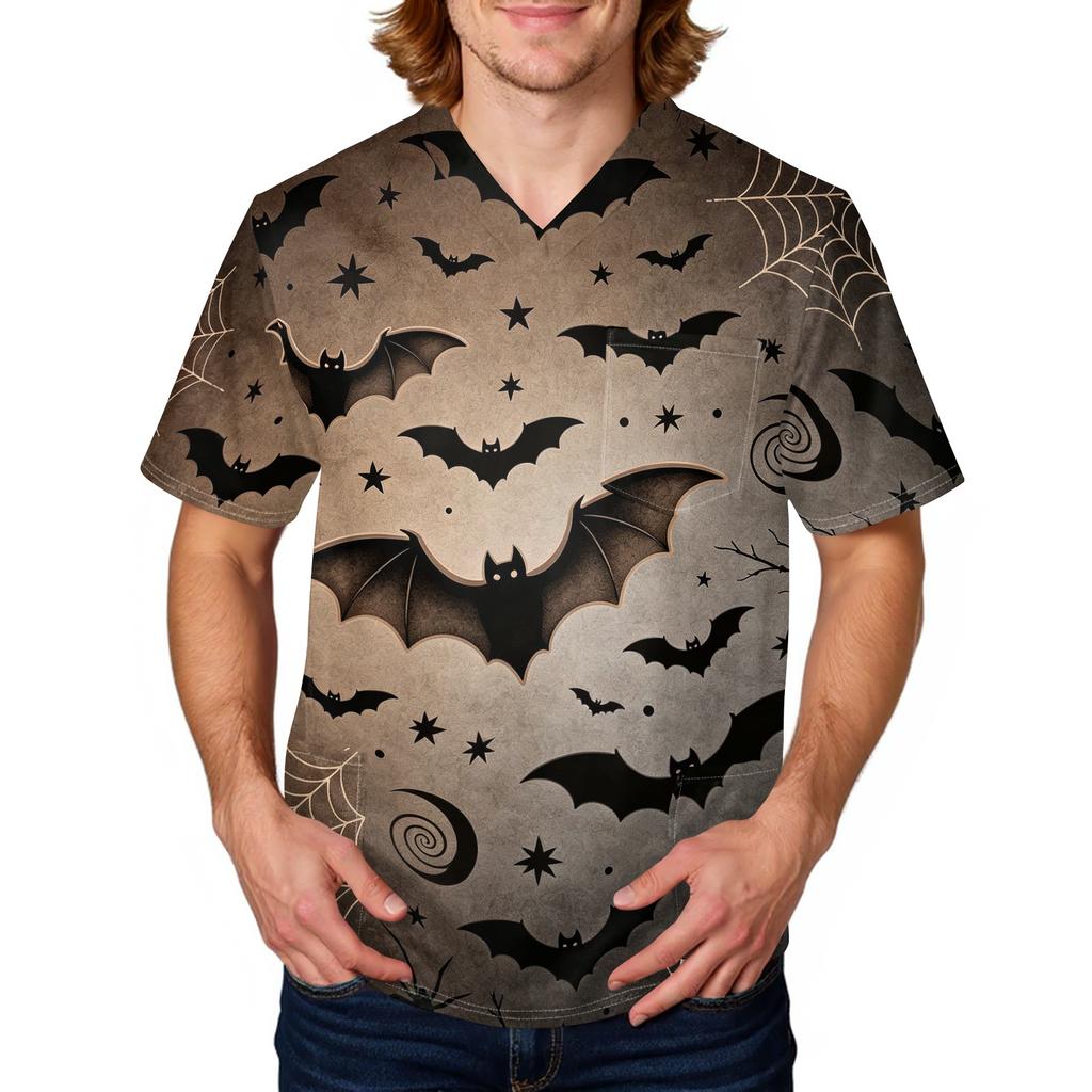 Herren Halloween Print Medizinische Kasack-Oberteil V-Ausschnitt mit Bindeband Taschen Bequeme Passform Tägliche Arbeitskleidung für medizinisches Fachpersonal