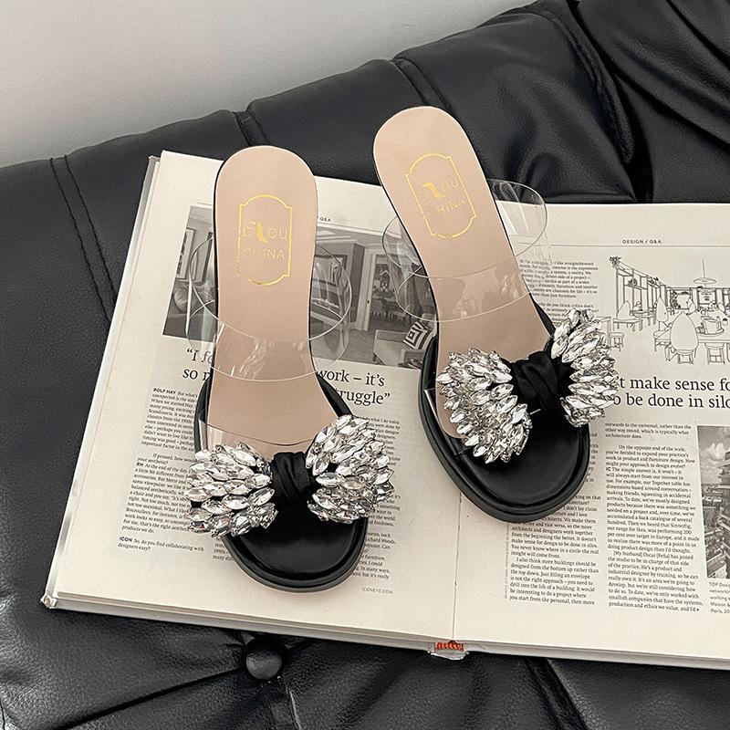 Crystal heel versatile bow rhinestone slippers women's summer fashion outer wear skirt thick heel high heel sandals