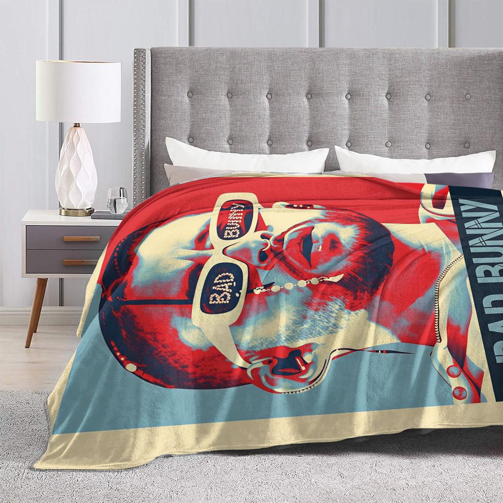 Bad Bunny Puerto Rican Rapper Portrait Soft Blanket Plush Bedding Throws Funny Couch Chair Flannel Bedspread Sofa Bed Cover