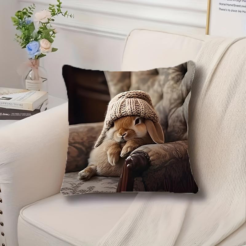 Süßer Hase mit Strickmütze Aufdruck Kissenbezug - Luxuriöse Wohnkultur, Perfekt für Wohnzimmer und Schlafzimmer, Ideales Geschenk für Tierliebhaber
