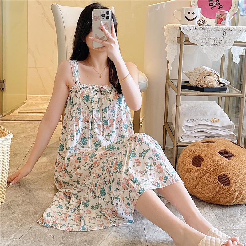 Cotton Nightdress Women'S Summer Thin Pajamasspring And Autumn Cotton Korean Cute Casual Print Dress Loungewear