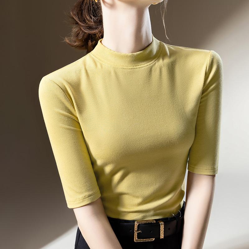 Threaded Mid-sleeved T-shirt for Women New Women's Small Stand Collar Solid Color Half-sleeved T-shirt Waist Tight Body