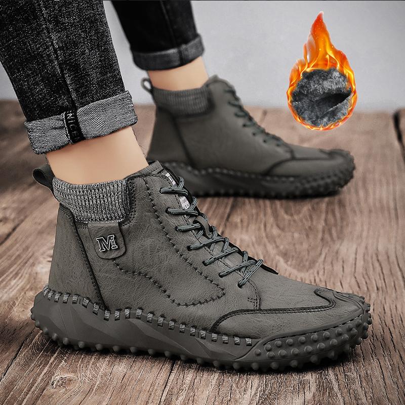 Mens Classic Winter Men's Boots Real Leather Plush Warm Men's Snow Boots Waterproof Outdoor Roman Men Work Boots Men Motorcycle Boots
