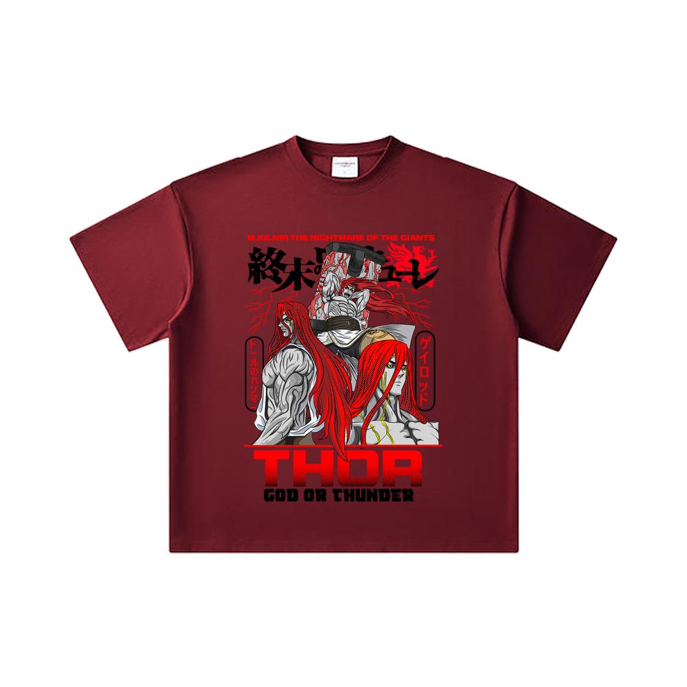 

260 GSM Double Yarn 32 Count 100% Cotton Record of Ragnarok V1 Thor Print Unisex Heavy Cotton T Shirt 2XL вина червоного кольору