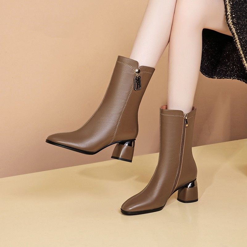 Autumn Winter Leather Fleece-Lined Middle Heel Ladies Mid Calf Shoes New In Sale Designer Luxury Elegant Women'S Half High Boots