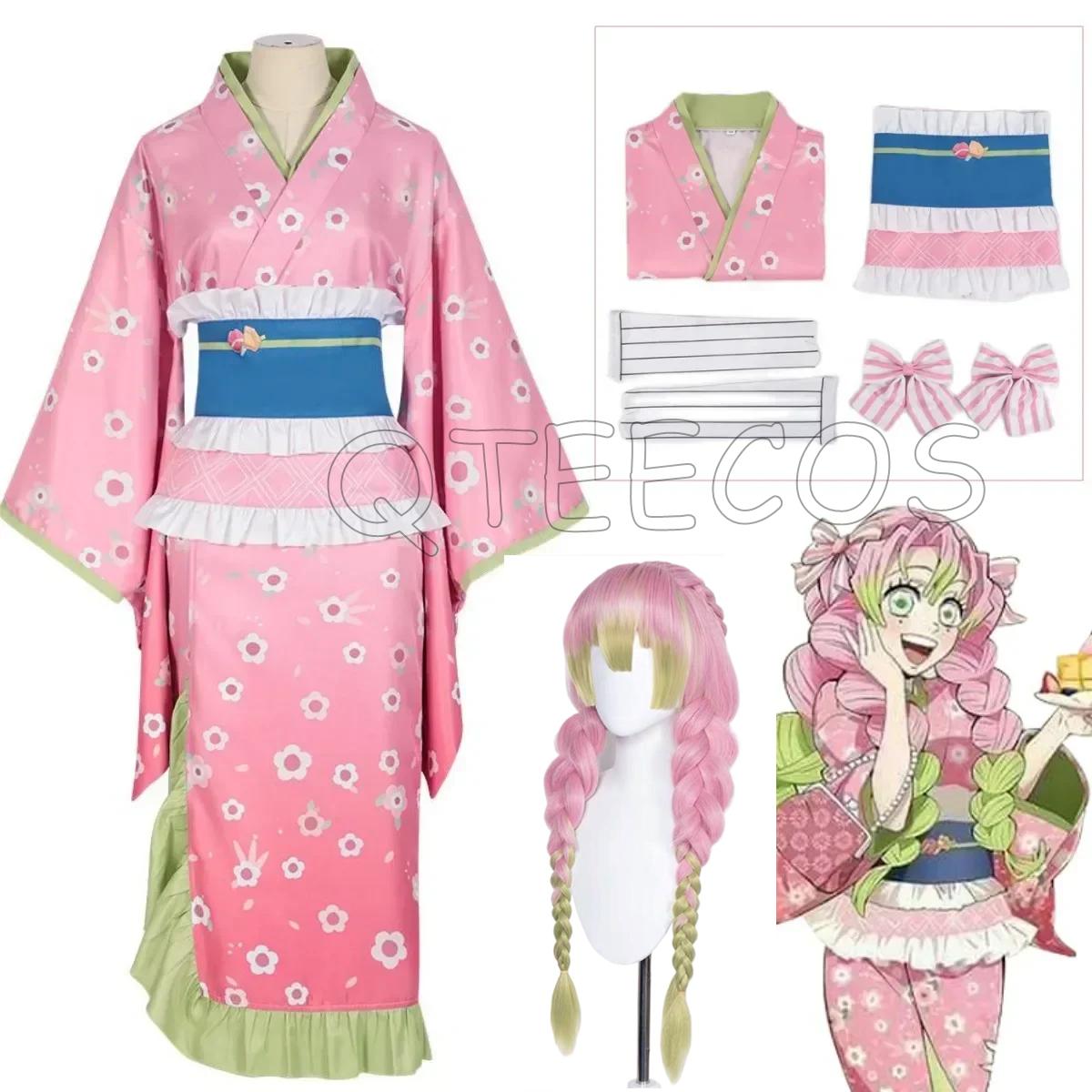bilibili Nieuwe Kanroji Mitsuri Cosplay Kostuum Roze Kimono Jurk Outfits Halloween Carnaval Feest Damespakken Pruik M pink
