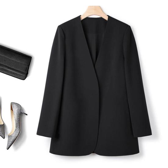 Women Suit Coat Collarless Long Sleeve Solid Color Casual Coat Loose Fit No Buttons Cardigan Style Outerwear Work Wear