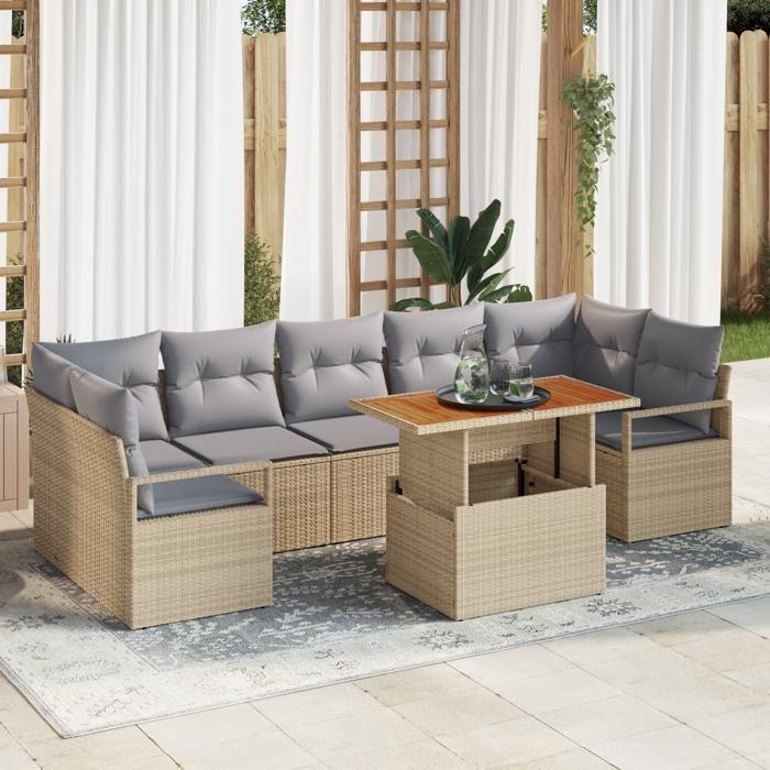 Ensemble de Canapé de Jardin 8 pièces avec coussins Beige Rattan poly, Canapé de Jardin 2 places avec rangement et coussins 3358415