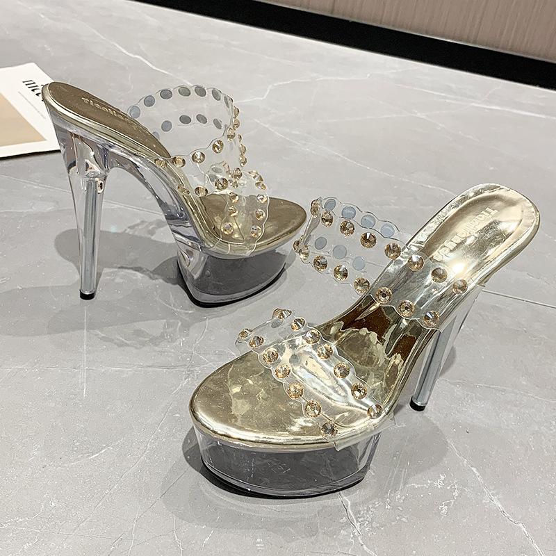 Mote Sommer Ny spiss tå Gjennomsiktig Vanntett Plattform Stiletto Mote Catwalk Superhøyhælte enkeltsko for kvinner Sandaler