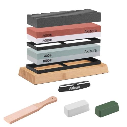 Akizora Knife Sharpening Stone, 400mm, 1000mm, 3000mm, 8000mm, Double-Sided Whetstone Set, Bamboo Non-Slip Stand, Fixed Angle Holder for Surface Resur