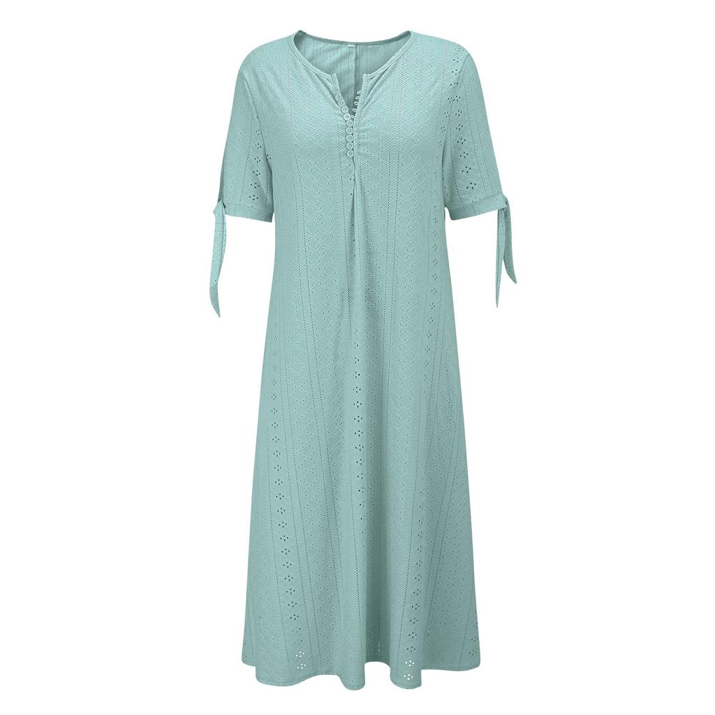 Women's Fashion Casual Color Round Neck Button Off Shoulder Short Sleeve Pocket Dress