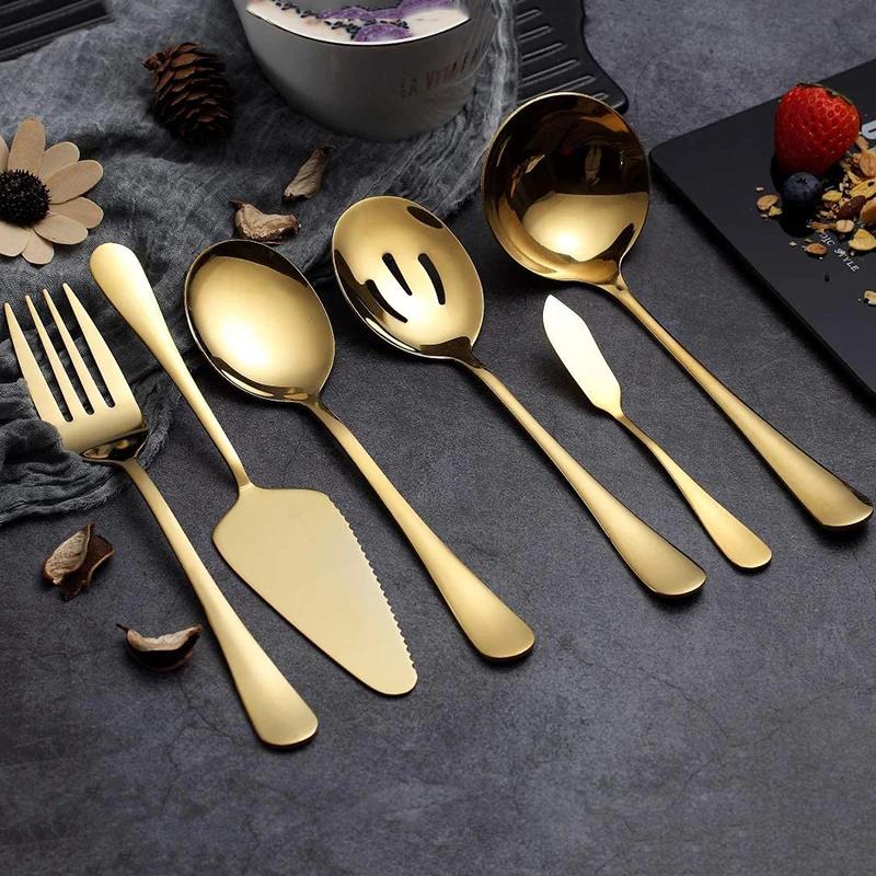 6-Piece Flatware Serving Set, Stainless Steel Serving Utensils Cake Server Slotted Spoon Fork Butter Knife Soup Ladle