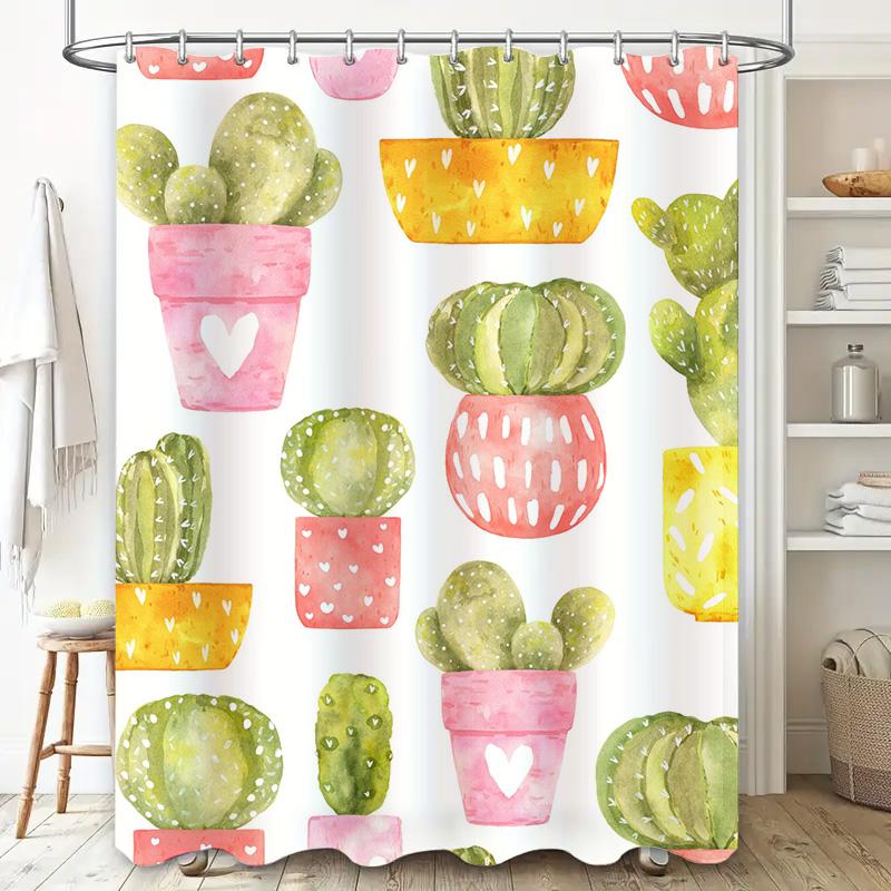 Colorful Cactus Shower Curtain Watercolor Houseplants Decor For Bathroom Pink, Green Yellow Floral Design New