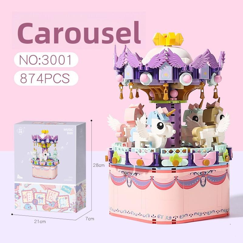 Exquisite Rotating Horse Music Box 874PCS Bricks Small Particle Assembly Toy Perfect Birthday Gift for Kids Girls Boys