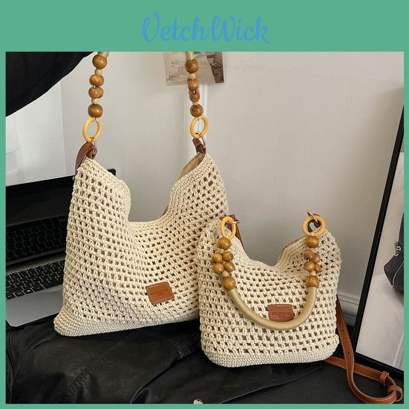 Summer Woven Cotton Tote With Bead Decoration For Beach And Holiday Essentials