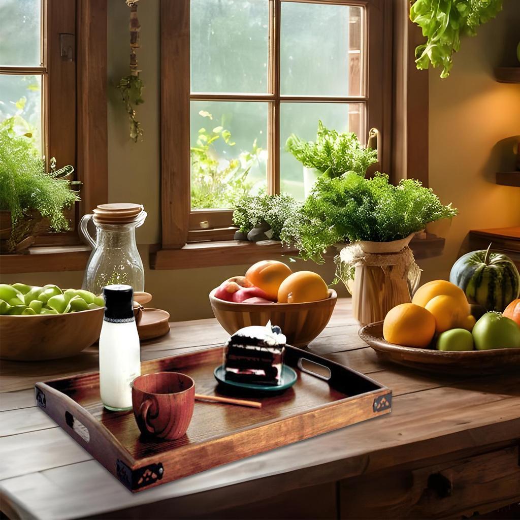 Wooden Serving Tray with Handles Wood Tea Tray Food Tray for Breakfast Coffee Dessert Snack Platter Home Coffee Table