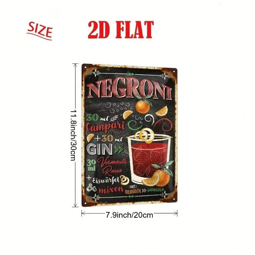 Metal Wall Art, Negroni Recipe Print, Orange Citrus Retro, Bar Pub Decor