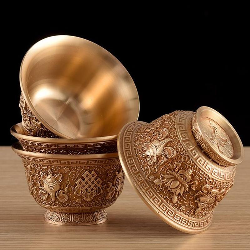 Engraving Buddhism Bowl Handicraft 8.7 CM Bronze Eight Auspicious Tibetan Holy Water Cup Tantric Bowl Altars Indoor Decorative