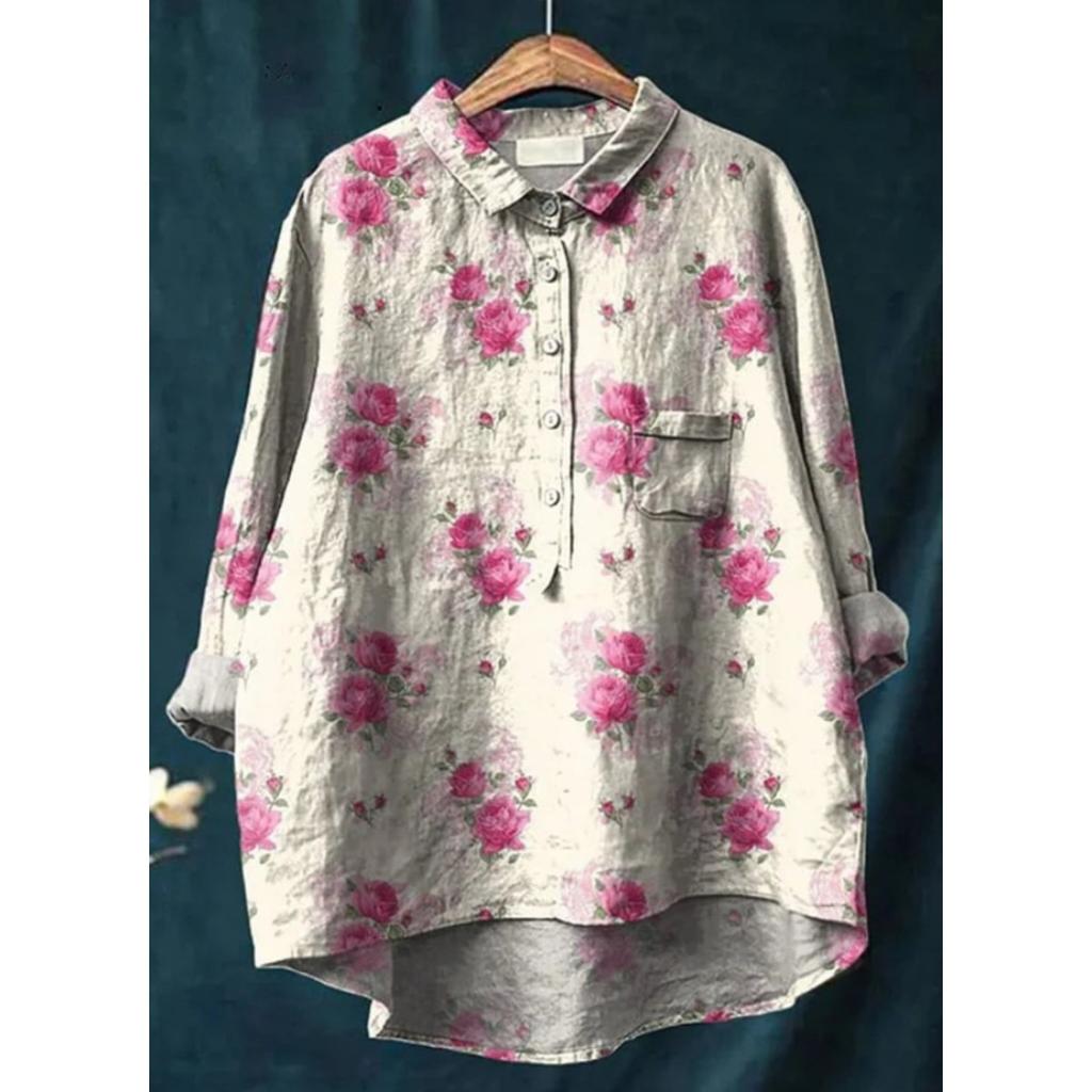 Women's Turn Down Collar Long Sleeve Floral Print Shirt Loose Fit Elegant Casual Blouse