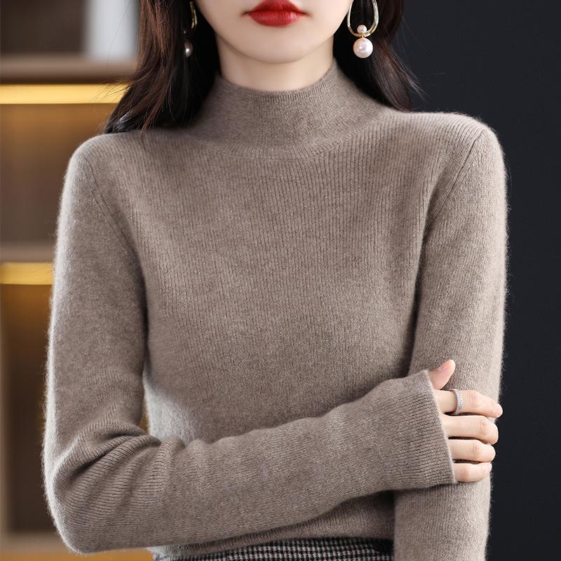 Women's Slim Fit High-Neck Wool Sweater - Long Sleeve Knit Base Layer for Autumn/Winter