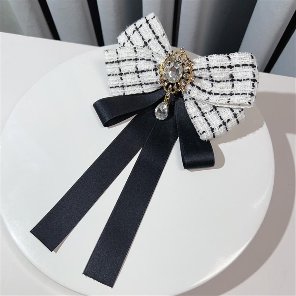Elegant Rhinestones Plaids Ribbon Bowtie with Pin Pre Tied Adjustable Preppy Bowknot Necktie for Fashionable Women Ties