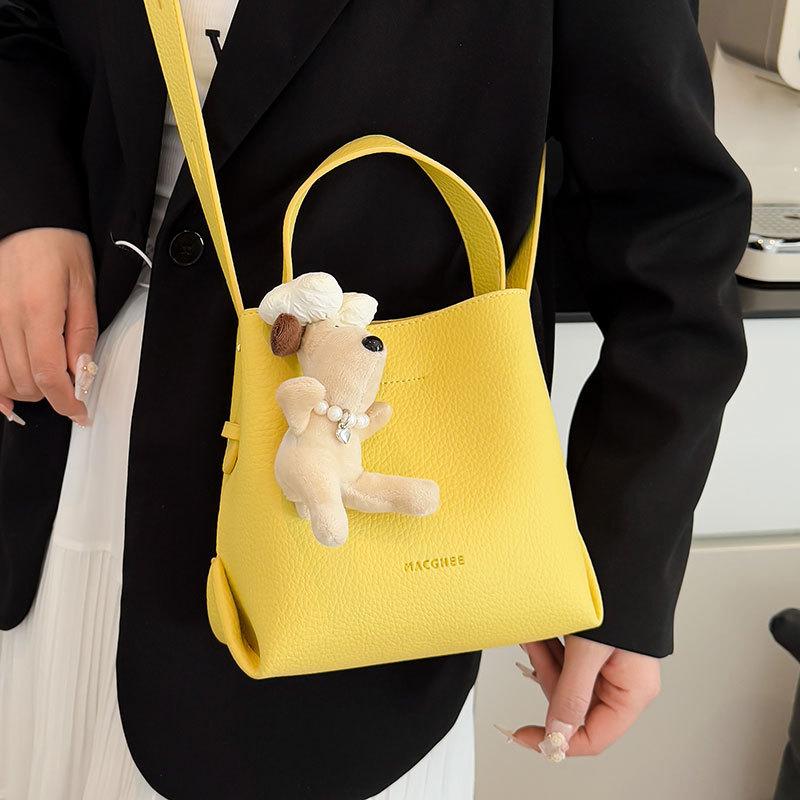 Korean new niche ins style simple lychee pattern texture portable bucket bag versatile casual foreign style messenger bag