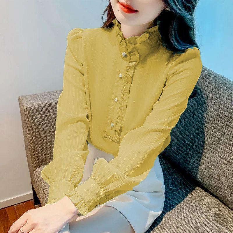 French Lace Stand Collar Chiffon Blouse with Elegant Splicing and Long Sleeves