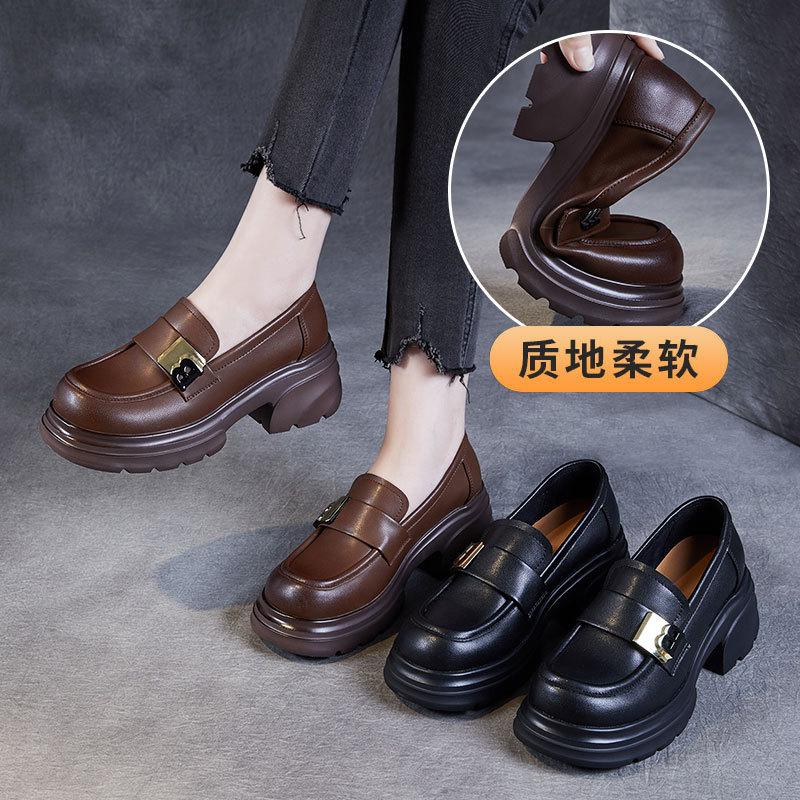 Platform Leather Small Leather Shoes Women's British Versatile Retro Loafers Thick Heel Round Head Single Shoes Black Mary Jane Shoes