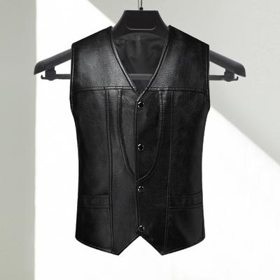 Men Faux Leather Waistcoat V-neck Sleeveless Slim Fit Single Breasted Vest Coat with Pockets Solid Color
