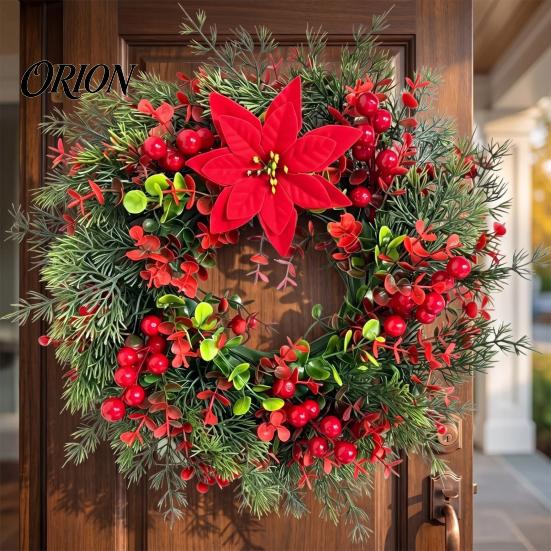 Weatherproof Winter Wreath for Porch Christmas with Red Berries Eucalyptus Pinecones, Artificial Front Door Natural Look Greenery Hanging Garland