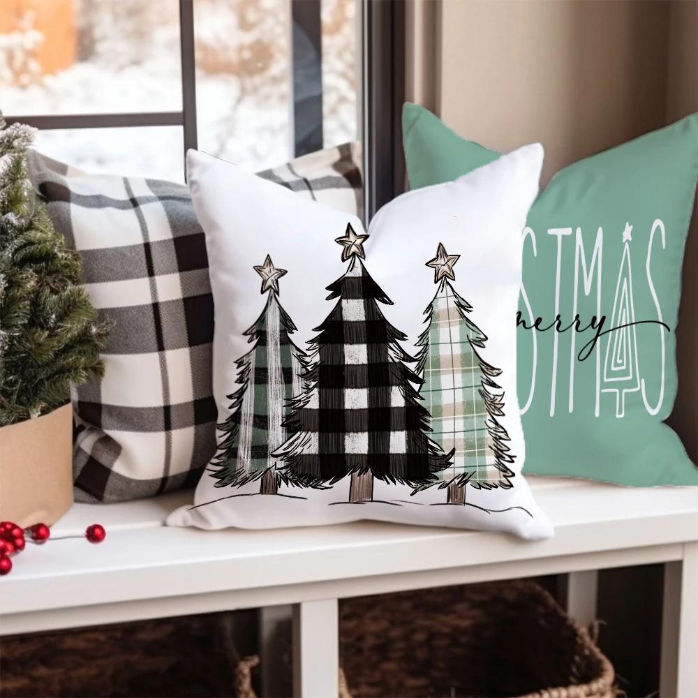 1pc Winter Green Christmas Pillowcase Hand Painted Plaid Truck Christmas Tree Cushion Cover For Sofa Farmhouse Home Decor