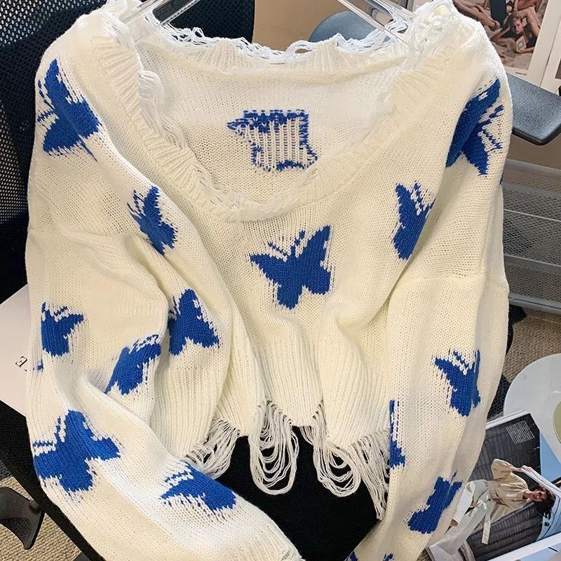 Butterfly Printed Short Sweater Sweet Women's Knitted Pullover Short Top Irregular Tassel Hem Collar Design Wide Truffle Shoulder Thin Sweater
