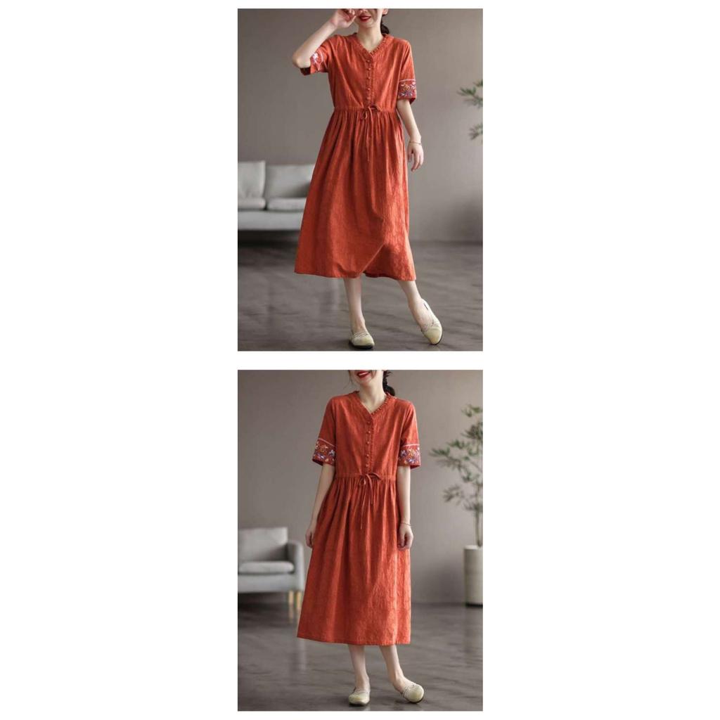 2025 Summer Washed Cotton Dress - Embroidered Midi Dress with Drawstring, Slim Fit Short Sleeve Linen Blend Dress, Boho Chic Casual Women's Outfit