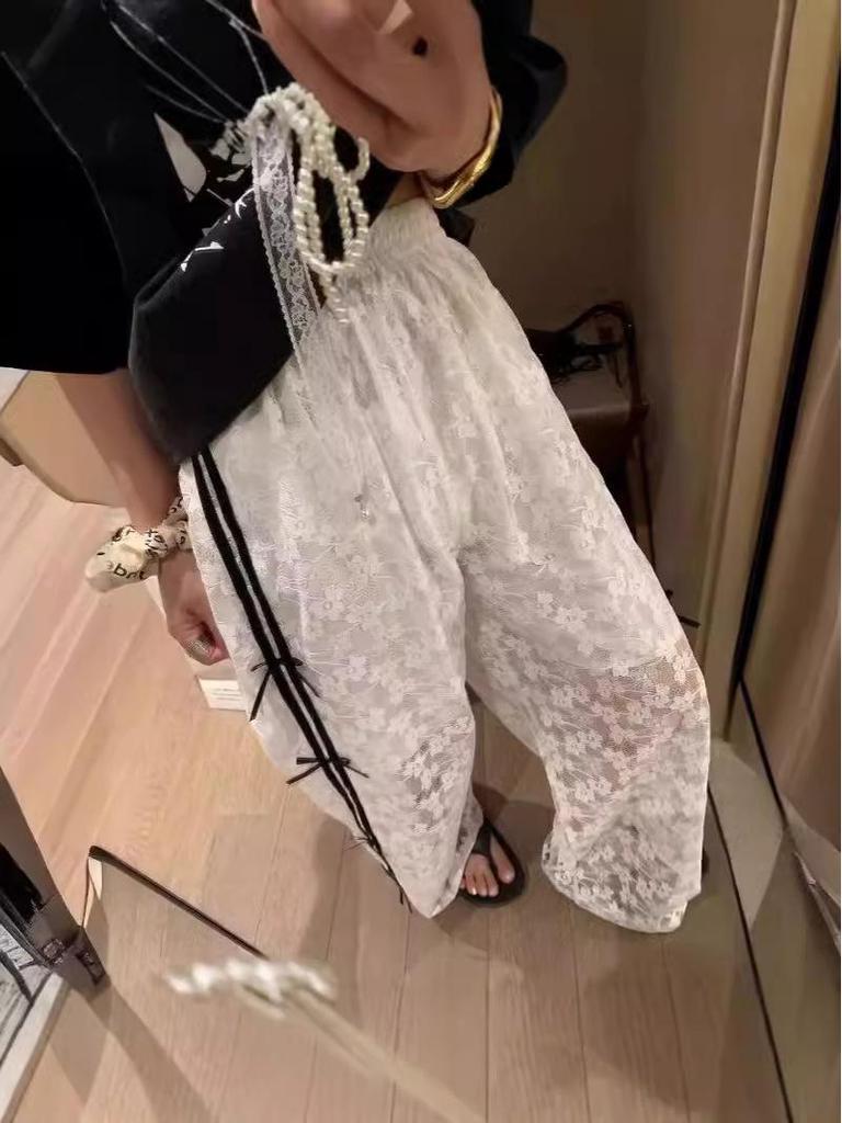 Women's Summer Color Block Lace Patchwork Bow Wide-Leg Pants