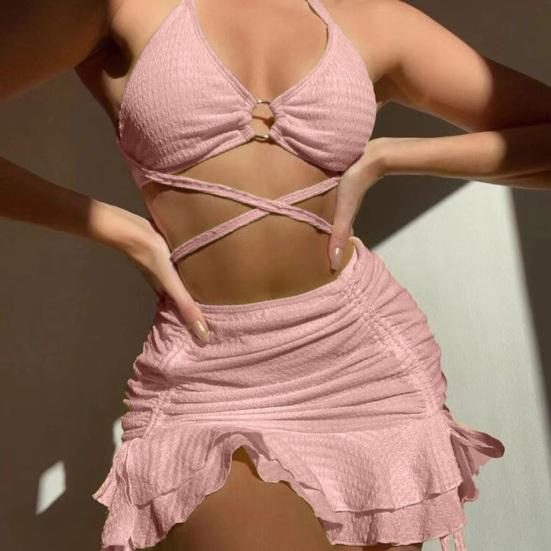 3Pcs/Set Women Swimsuit Solid Color Wave Texture Sexy Split Bikini with Drawstring Ruffle Trim Skirt Lace-up Beachwear