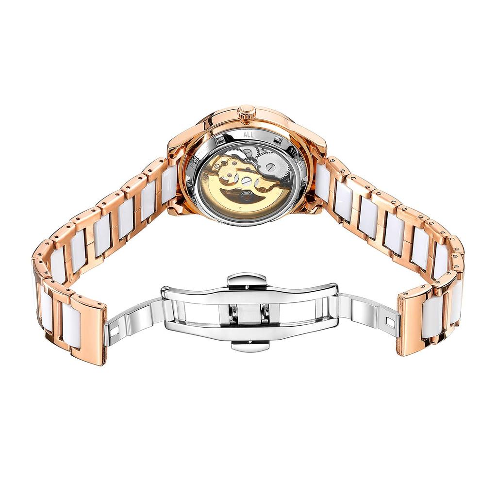 BOLYTE Fashionable Openwork Mechanical Watch Mother of Pearl Ceramic Stainless Steel Diamond Music Ladies Automatic Watch Waterproof Luminous Women's