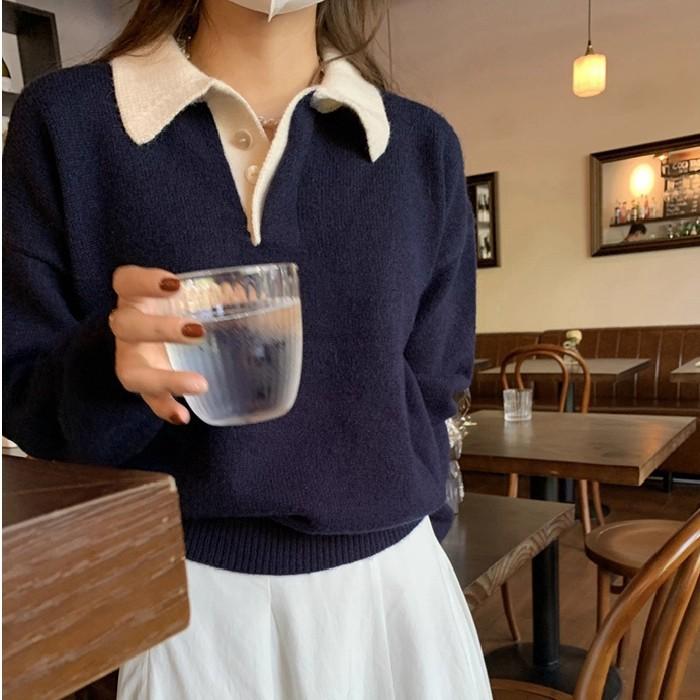 

Arctic velvet, contrasting colors, niche design sweater lapel temperament style knitted sweater for women in autumn and winter one size fits all